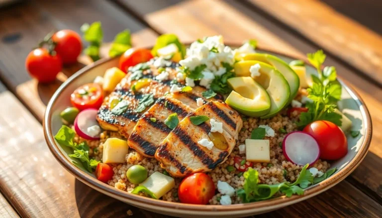Mediterranean quinoa salad with grilled chicken